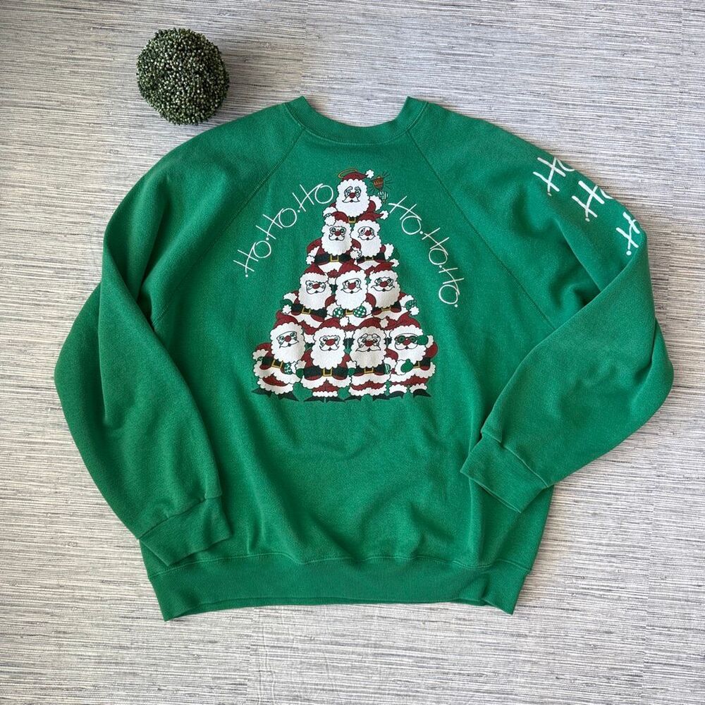 Vintage 1991 Christmas Sweatshirt Green Stacked Santa Pyramid Puff Print Crewnec